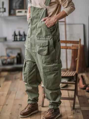 Retro American Cotton Overalls Bibs Loose Washing Jumpsuit Men's Suspenders Four Seasons Full Length Baggy Pants